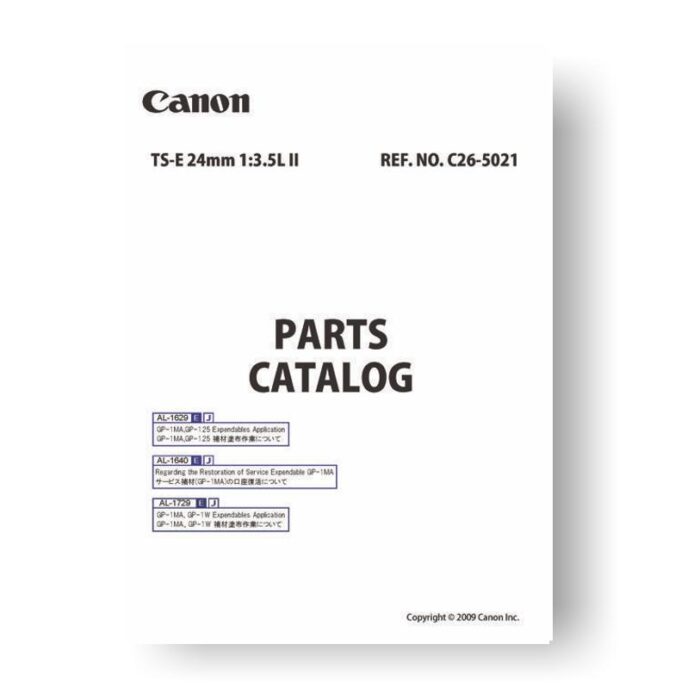10-page PDF 3.95 MB download for the Canon C26-5021 Parts Catalog | TS-E 24 3.5L II