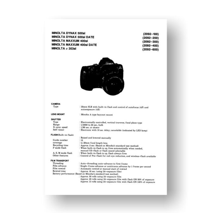 Minolta 2092 Service Manual Parts List | Maxxum 400Si | 500Si