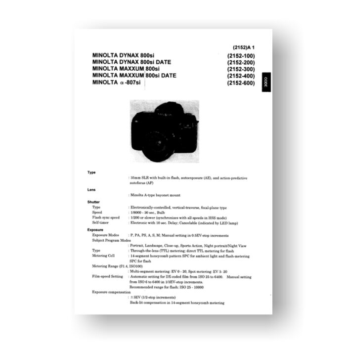 Minolta 2152 Service Manual Parts List | Maxxum 800si