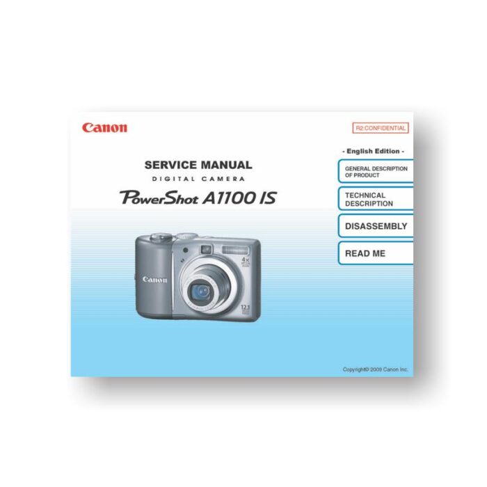 89-page PDF 7.15 MB download for the Canon A1100-IS Service Manual Parts Catalog