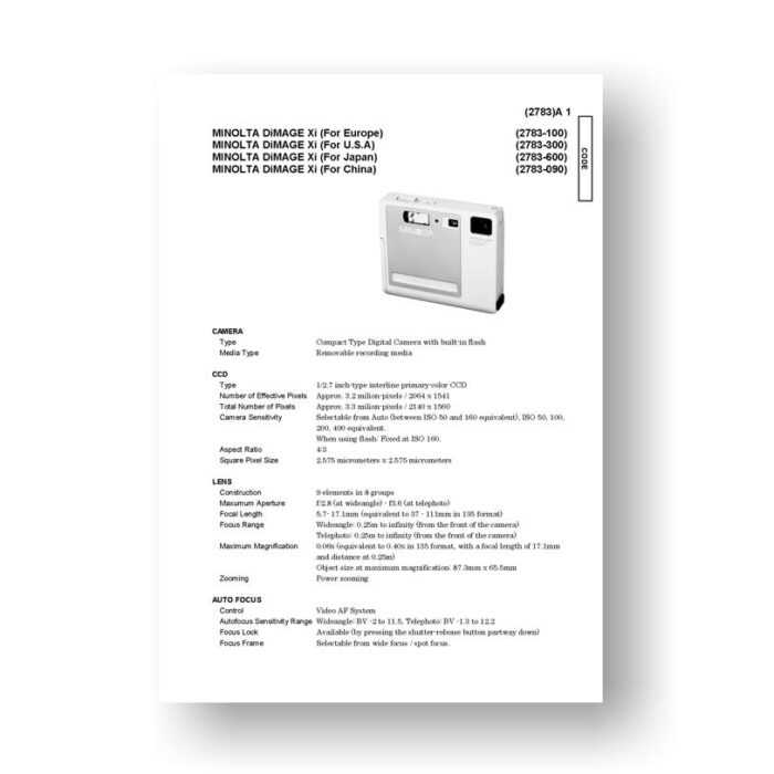 Minolta 2783 Service Manual Parts List | Dimage Xi