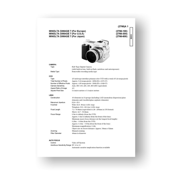 Minolta 2766 Service Manual Parts List | Dimage 7