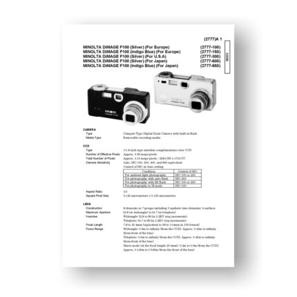 Minolta 2777 Service Manual Parts List | Dimage F100