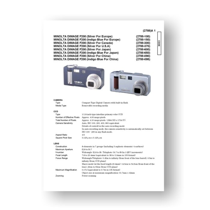 Minolta 2788 Service Manual Parts List | Dimage F200
