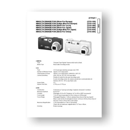 Minolta 2785 Service Manual Parts List | Dimage F300