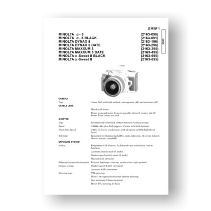Minolta 2163 Service Manual Parts List | Maxxum 5