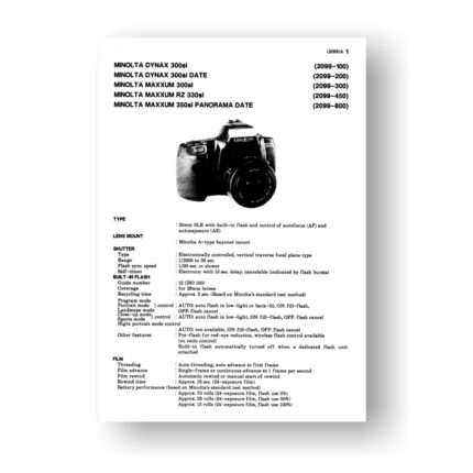 Minolta 2099 Service Manual Parts List | Maxxum 300si