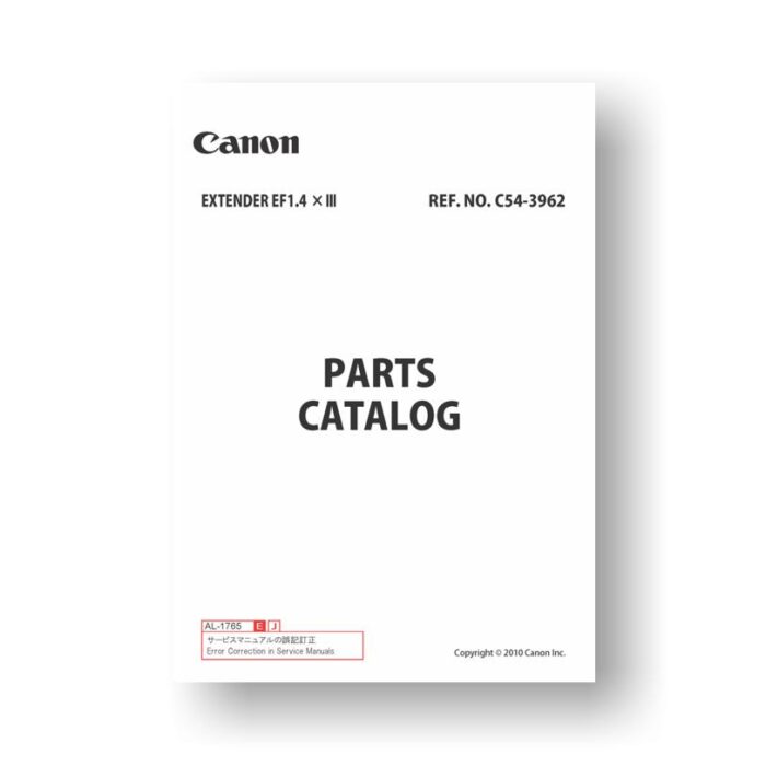 5 page PDF 1.30 MB download for the Canon C54-3962 Parts Catalog | EF 1.4x III