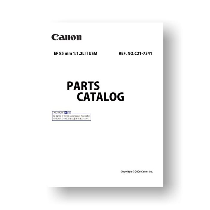 7-page PDF 128 KB download for the Canon C21-7272 Parts Catalog | EF 85 1.2 L