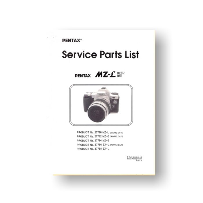 13-page PDF 502 KB download for the Pentax ZX-L Parts List | MZ-6 | MZ-L | SLR Film Camera