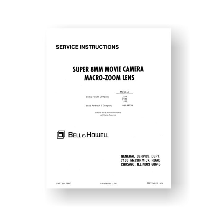 Bell & Howell 2144 Service Manual Parts List | 2146 | 2148 | Sears 584.91570 | Super 8 Movie Cameras