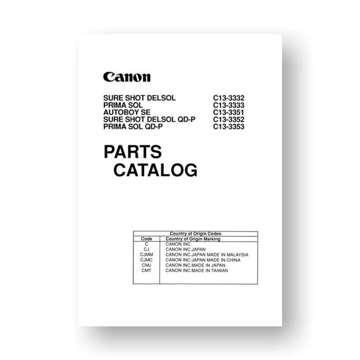 Canon C13-3332 Service Manual Parts Catalog | Sure Shot DelSol - DelSol QD-P | Prima Sol - Prima Sol QD-P| Autoboy SE