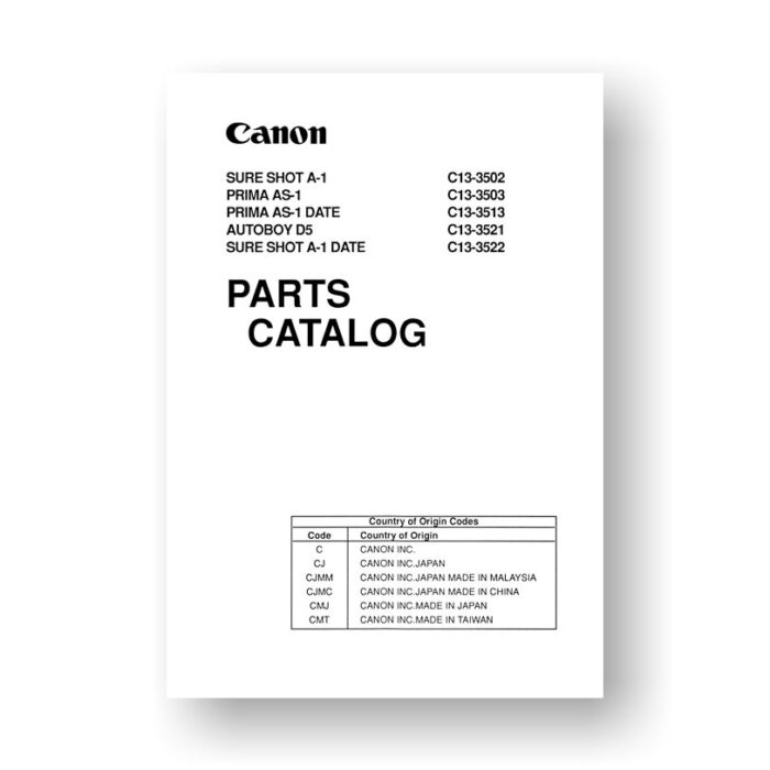 Canon C13-3502 Service Manual Parts Catalog | SureShot A-1 | PRIMA AS-1 | AUTOBOY D5