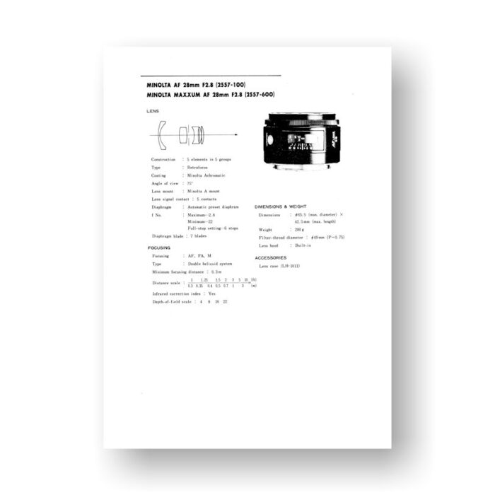 Minolta AF28-2.8 Service Manual Parts List | Rokkor AF Lens