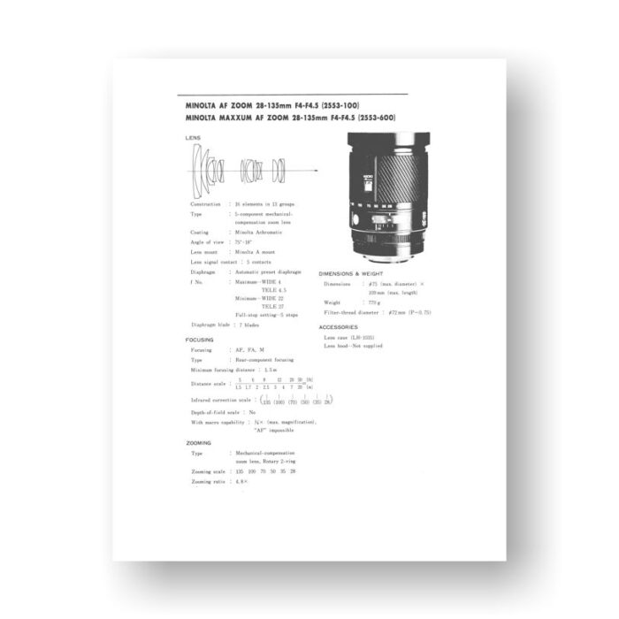 Minolta AF28-135 4-4.5 Service Manual Parts List
