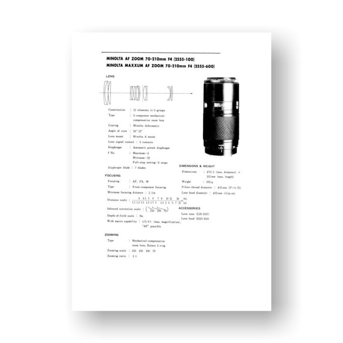 Minolta AF70-210 4.0 Service Manual Parts List