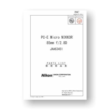Nikon JAA63451 Repair Manual Parts List | PC-E Micro Nikkor 85 2.8D ED
