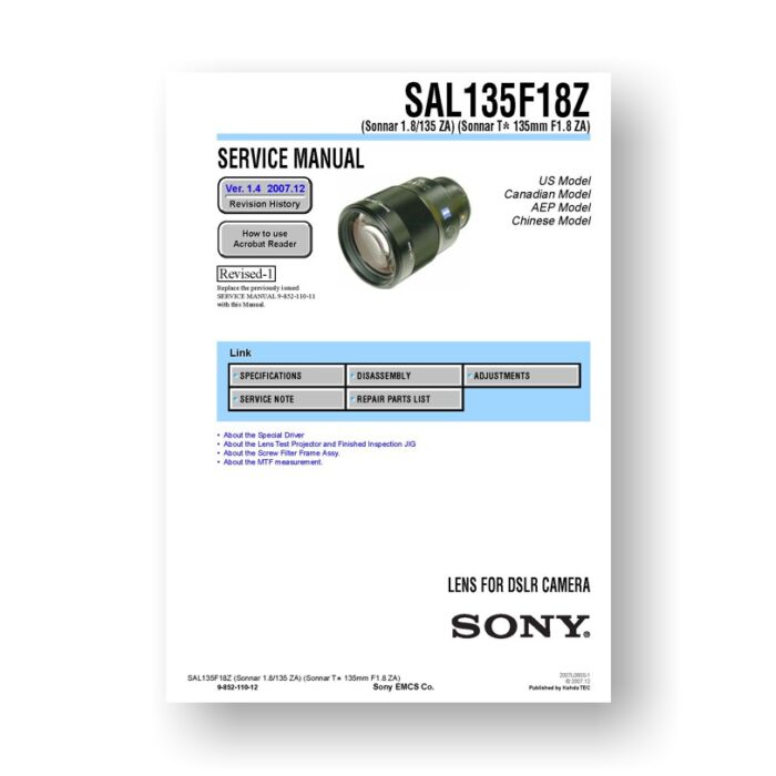 Sony SAL13518Z Service Manual Parts List | Sonnar 135 2.8 ZA | Sonnar T* 135 2.8 ZA