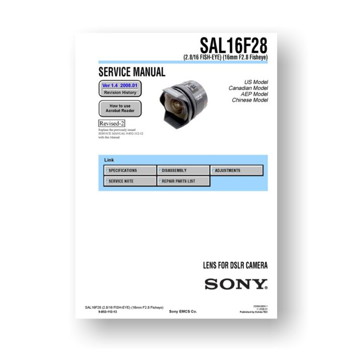 Sony SAL16-2.8 Service Manual Parts List | Fish Eye Lens