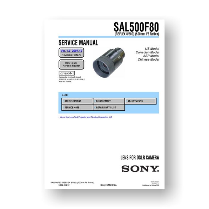 Sony SAL500 8.0 Service Manual Parts List | Reflex Mirror Lens