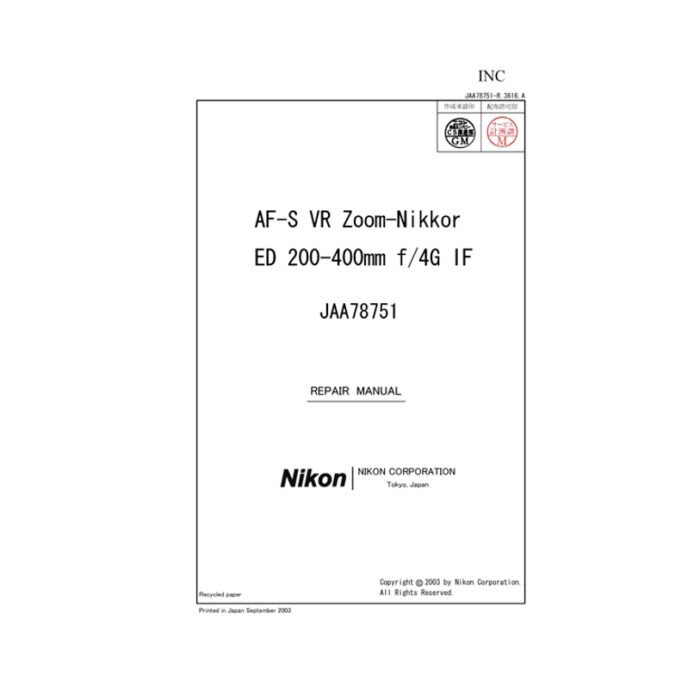 Nikon JAA78751 Repair Manual Parts List | AF-S VR ED 200-400 4.0G IF